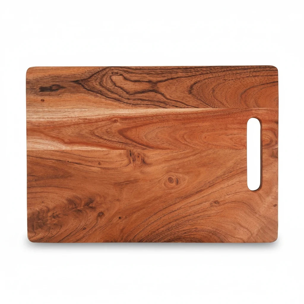 WOOD CURLS rectangular acacia wood chopping board with a natural grain pattern and a convenient side handle