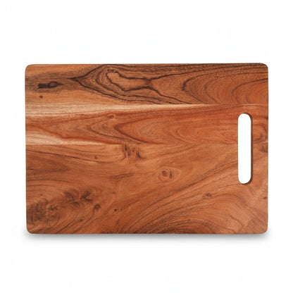 WOOD CURLS rectangular acacia wood chopping board with a natural grain pattern and a convenient side handle