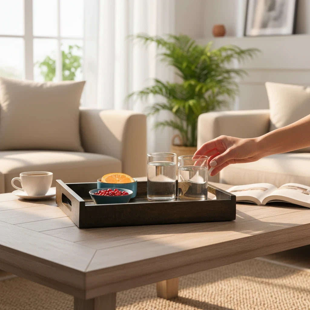 WOOD CURLS rectangular mango wood serving tray on a coffee table with glasses, snacks, and a hand reaching for a drink.