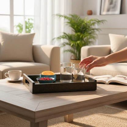 WOOD CURLS rectangular mango wood serving tray on a coffee table with glasses, snacks, and a hand reaching for a drink.