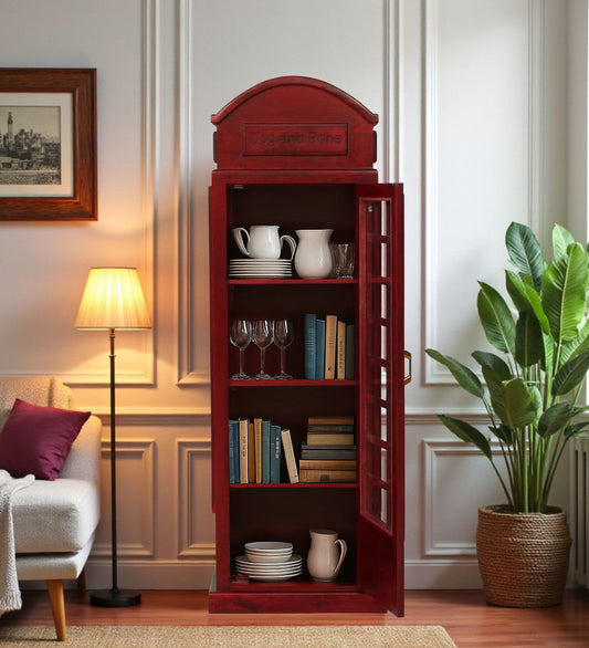 WOOD CURLS tall red mango wood cabinet in a vintage telephone booth design with open shelving for home decor.