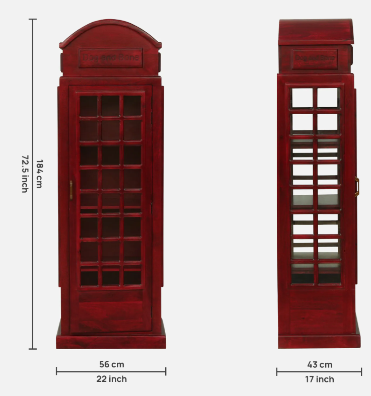 WOOD CURLS tall red mango wood cabinet featuring a vintage telephone booth design with glass panel doors.