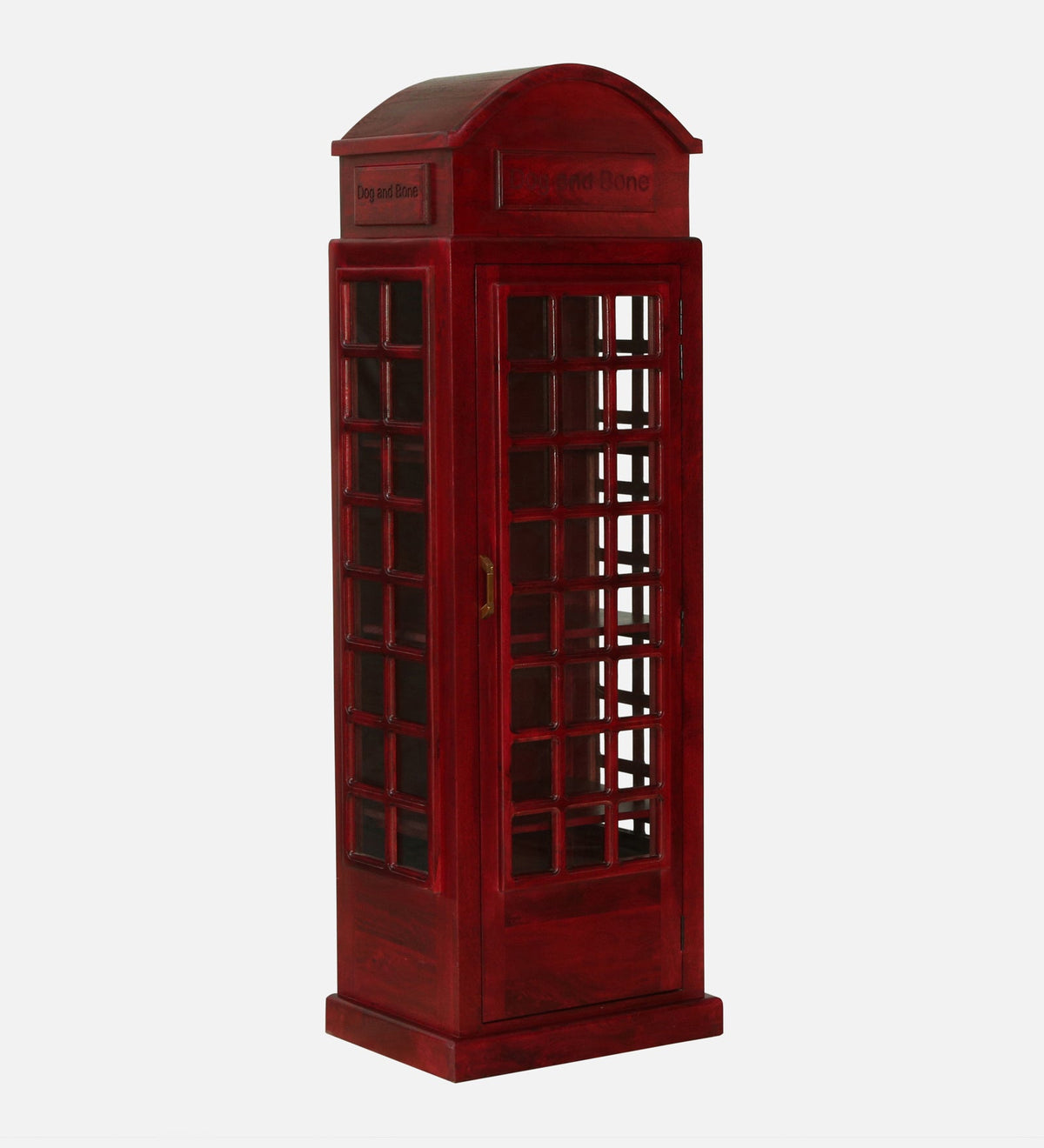 WOOD CURLS tall red mango wood cabinet featuring a vintage British telephone booth design with glass panel doors.