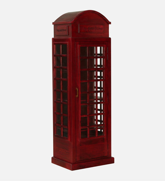 WOOD CURLS tall red mango wood cabinet featuring a vintage British telephone booth design with glass panel doors.