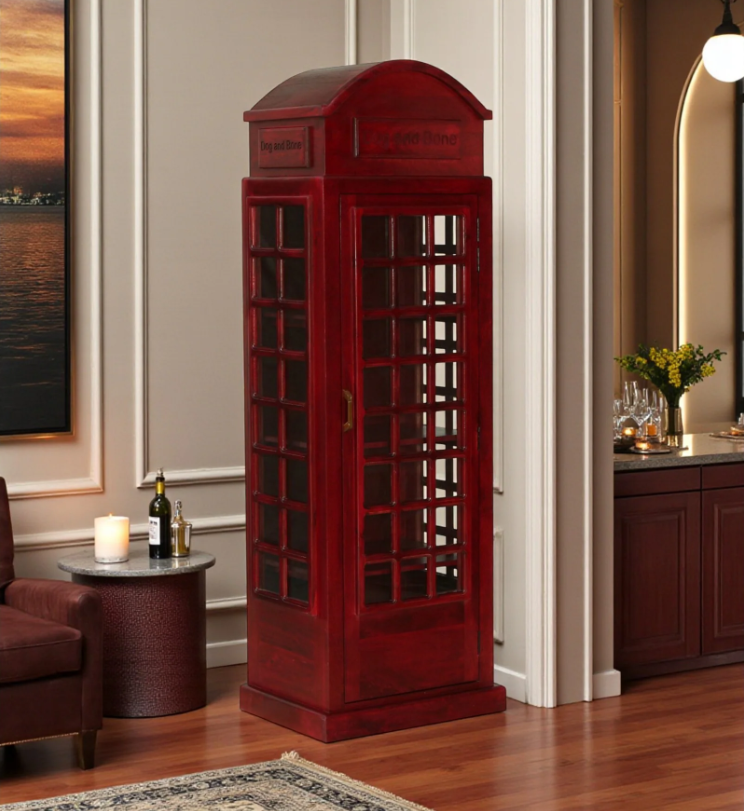 WOOD CURLS tall red mango wood cabinet featuring a vintage telephone booth design with glass panel doors.