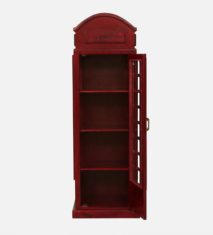 WOOD CURLS tall red mango wood cabinet with a vintage telephone booth design and open shelving for home storage.