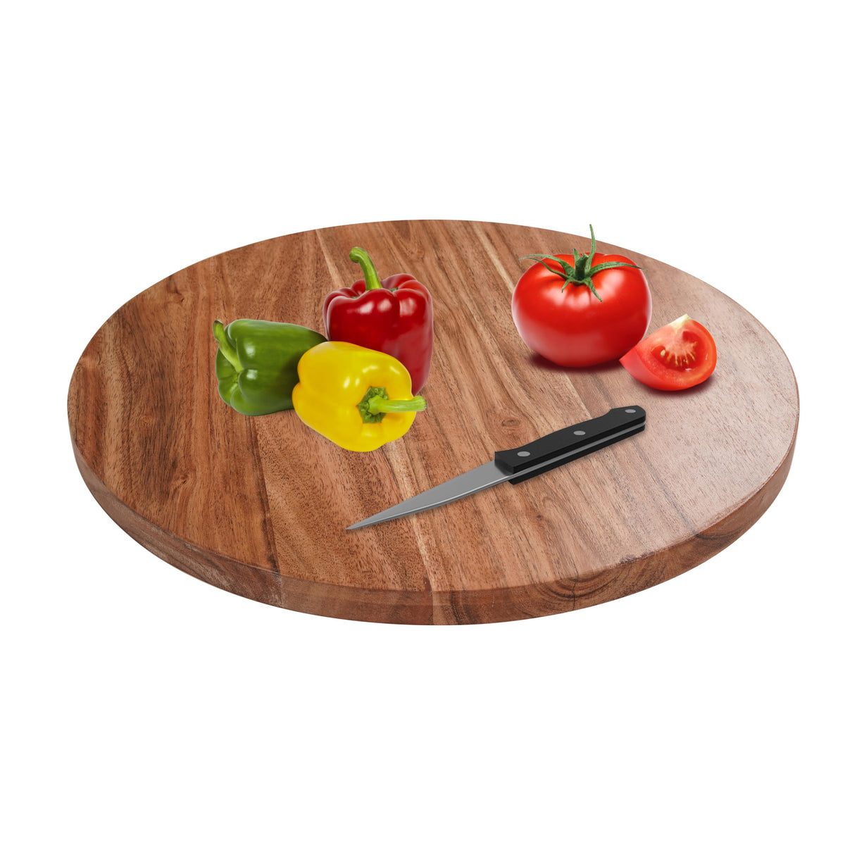 WOOD CURLS round acacia wood chopping board with a knife, red and yellow bell peppers, and a fresh tomato.