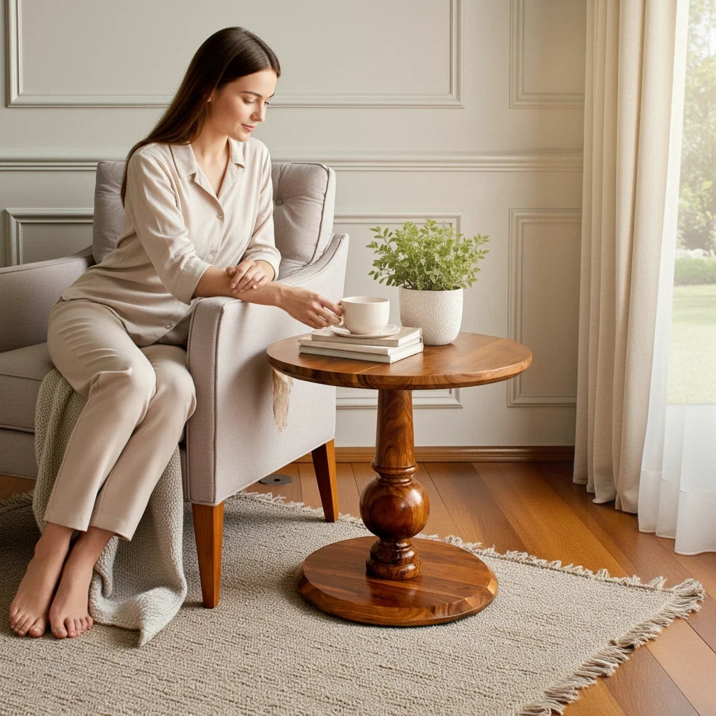 WOOD CURLS Elara round acacia wood side table with a pedestal base next to a woman sitting in a beige armchair.