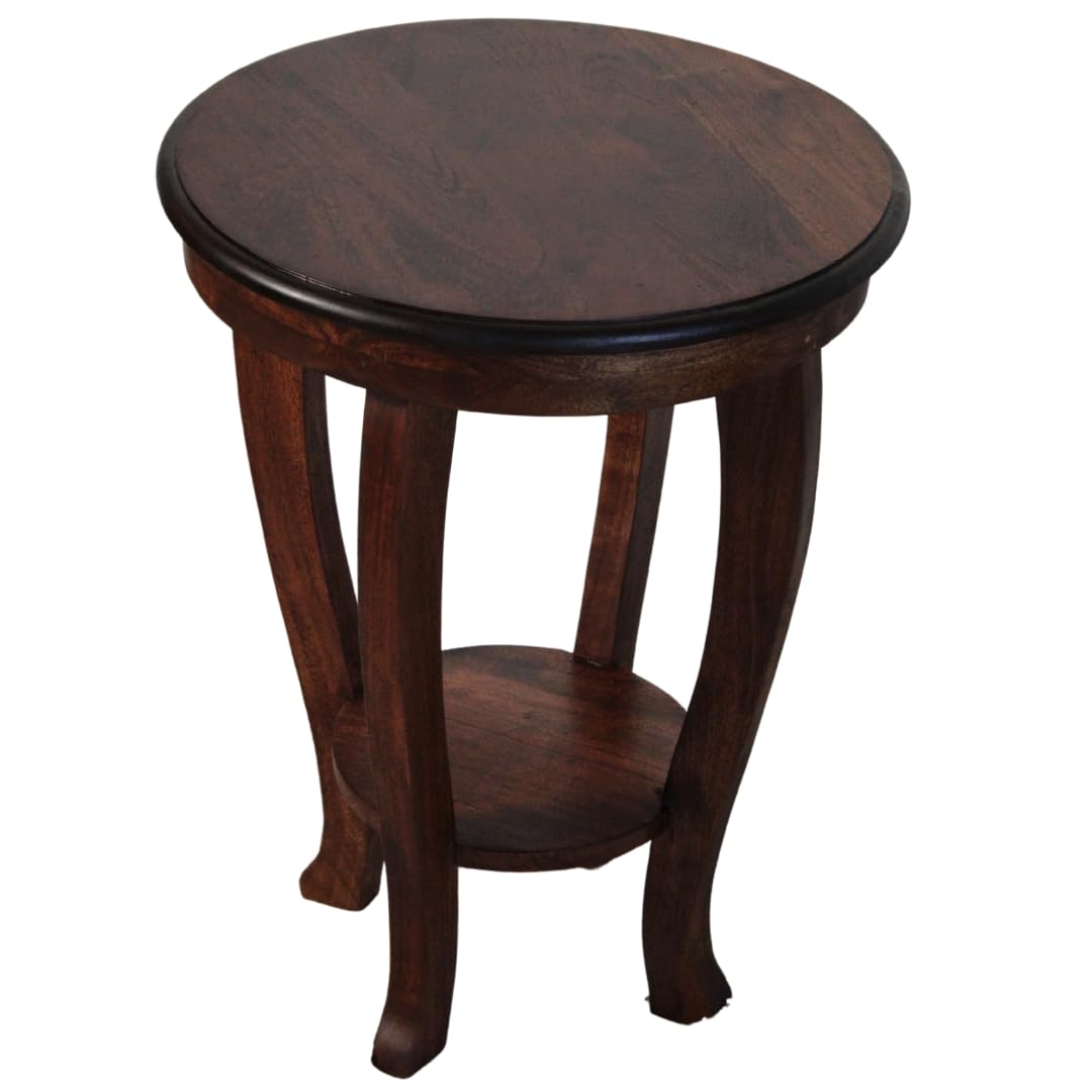 WOOD CURLS Aurora round solid wood side table in mahogany finish with curved legs and a two-tier storage shelf.
