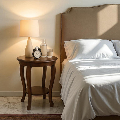 WOOD CURLS Aurora round solid wood side table with a mahogany finish and lower shelf, styled as a bedside table.