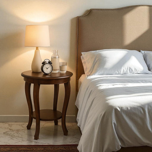 WOOD CURLS Aurora round solid wood side table with a mahogany finish and lower shelf, styled as a bedside table.