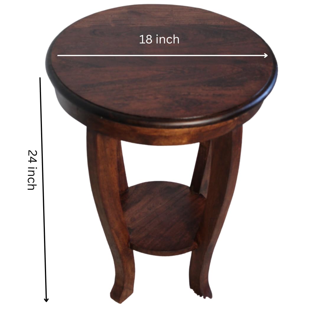 WOOD CURLS Aurora round solid wood side table in mahogany finish with a lower storage shelf and curved legs.
