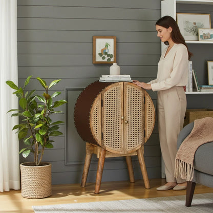 WOOD CURLS round mango wood cabinet with cane doors and leatherette back, styled in a modern living room.