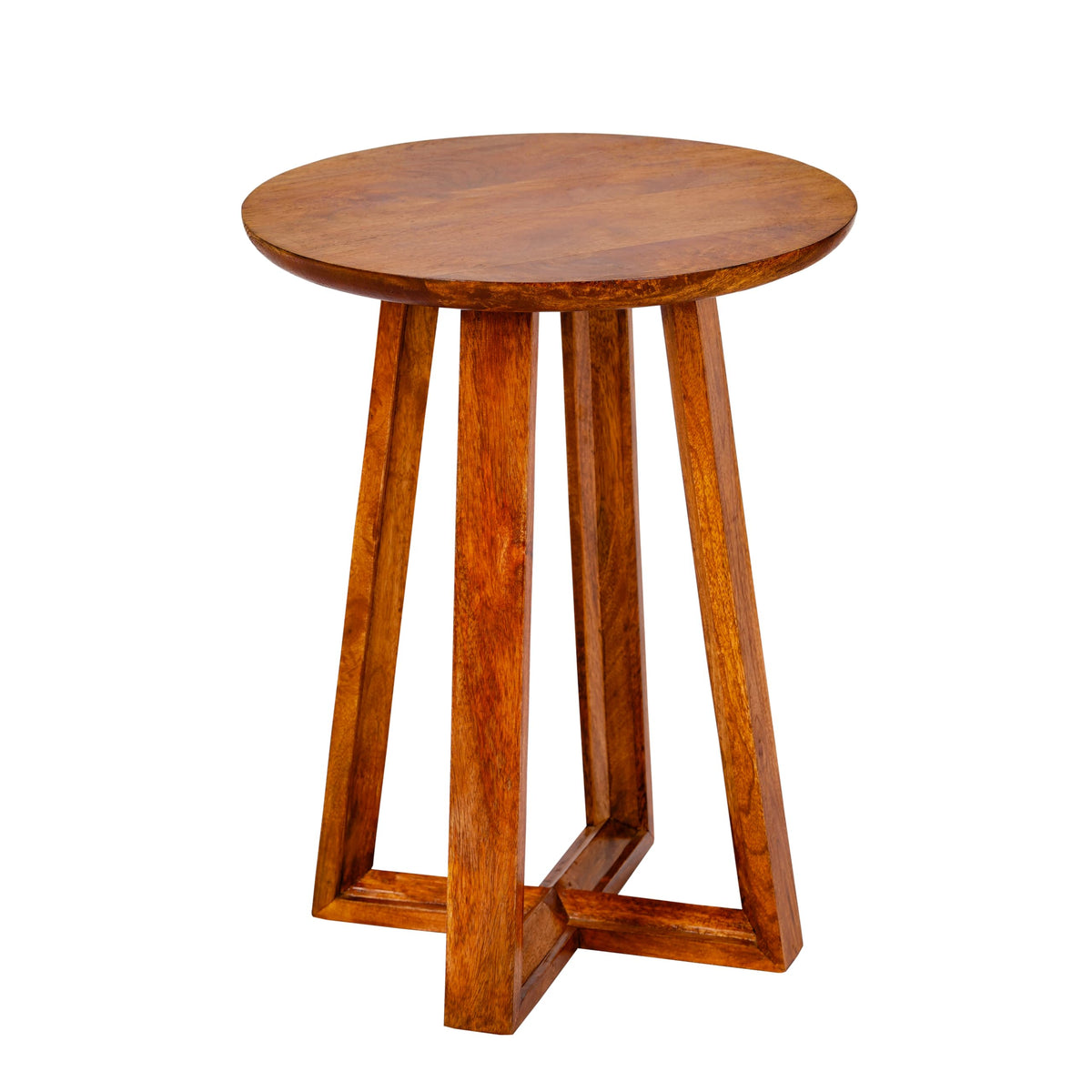 WOOD CURLS Mirage round coffee table made of natural mango wood with a compact 18-inch design and sturdy base.