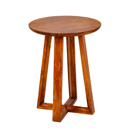 WOOD CURLS Mirage round coffee table made of natural mango wood with a compact 18-inch design and sturdy base.