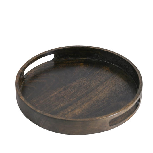 WOOD CURLS round serving tray handcrafted from solid mango wood with a rich walnut finish and ergonomic side handles.