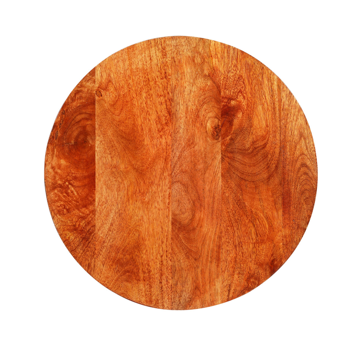 WOOD CURLS Mirage round coffee table in natural mango wood with a smooth, polished grain finish, top-down view.