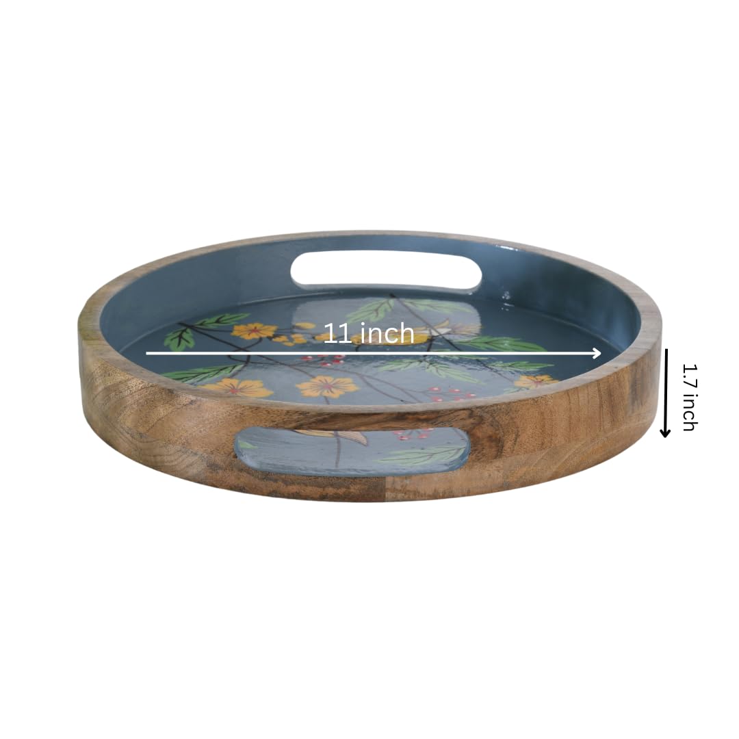 WOOD CURLS 11-inch round mango wood serving tray with hand-painted birds, yellow flowers, and blue interior.