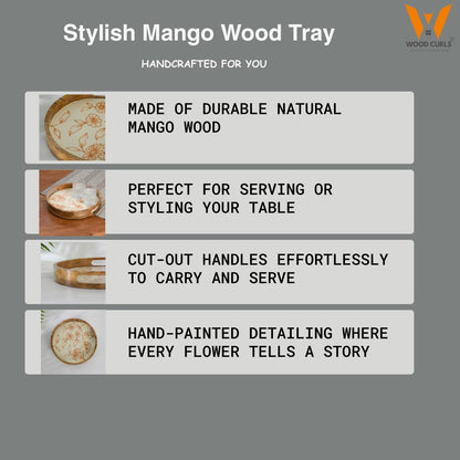 WOOD CURLS round mango wood serving tray featuring a cream base with hand-painted copper floral patterns and handles.