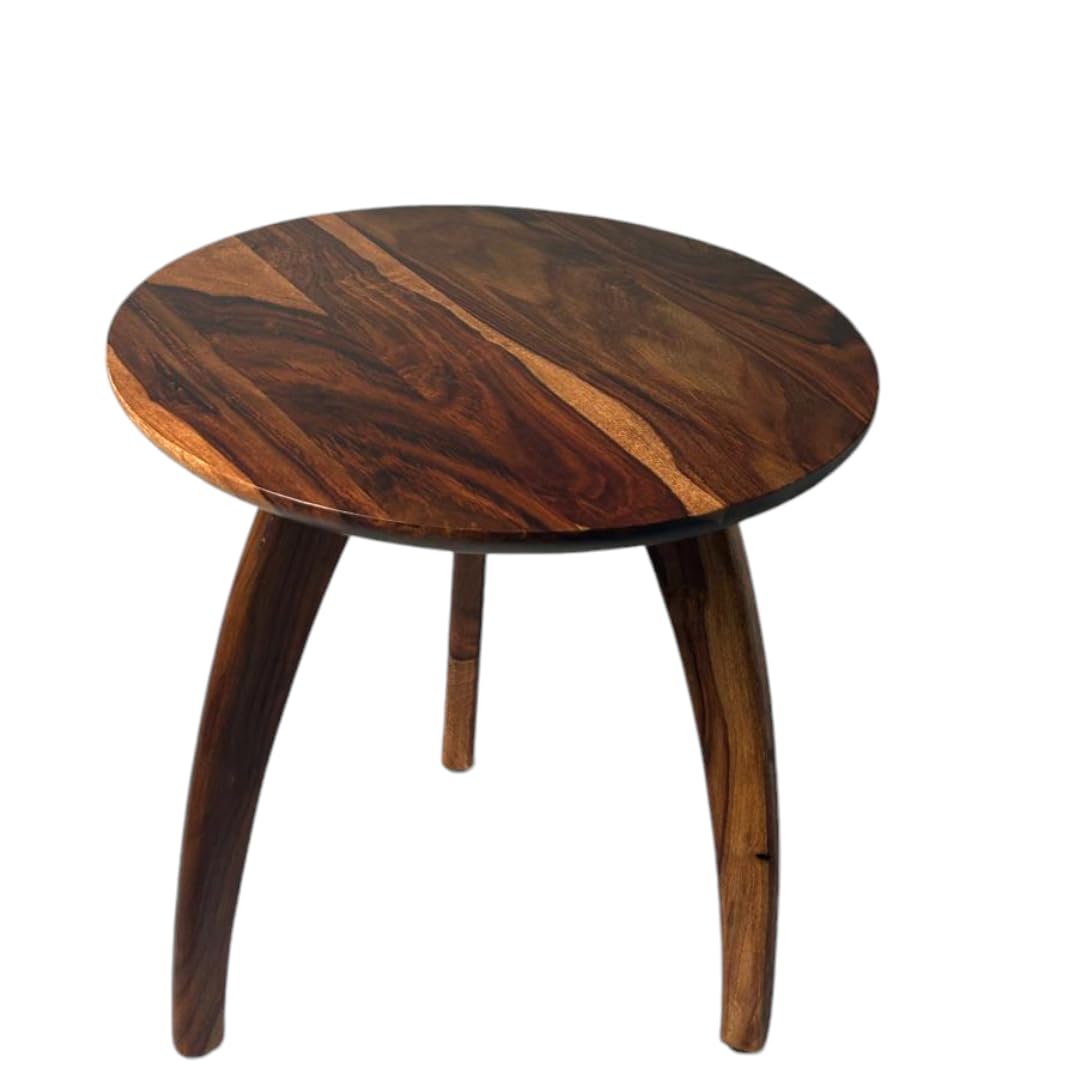 WOOD CURLS round end table in solid Sheesham wood with a natural finish and curved tripod legs