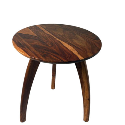 WOOD CURLS round end table in solid Sheesham wood with a natural finish and curved tripod legs