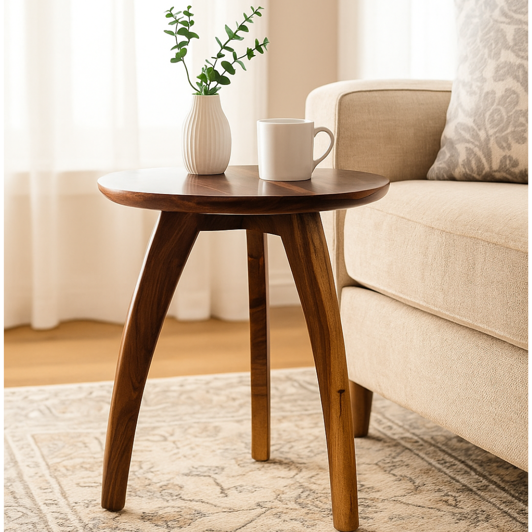 WOOD CURLS round Sheesham wood end table with natural finish, styled next to a sofa with a vase and coffee mug.