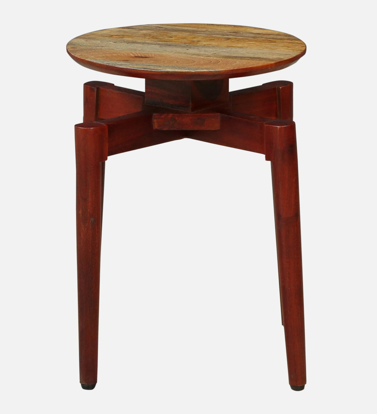 WOOD CURLS round solid wood end table with a natural grain top and dark stained legs for a modern living room.