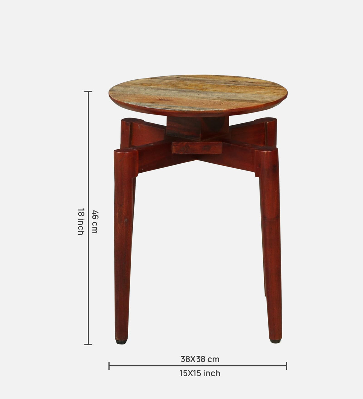 WOOD CURLS round solid wood end table with natural grain top and dark stained legs, shown with dimension labels.