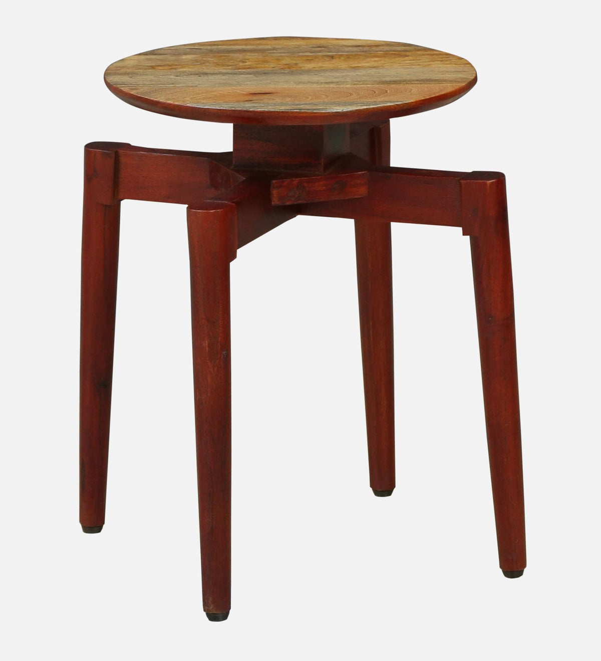 WOOD CURLS round solid wood end table with a natural grain top and dark stained tapered legs for a modern home.