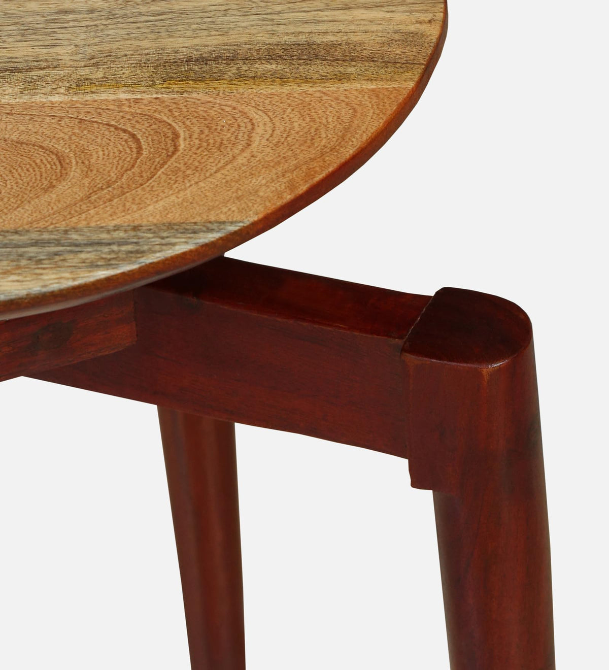 WOOD CURLS round solid wood end table with natural grain tabletop and dark stained legs for a modern living room