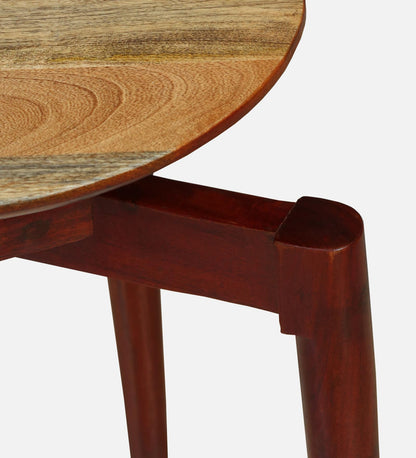 WOOD CURLS round solid wood end table with natural grain tabletop and dark stained legs for a modern living room