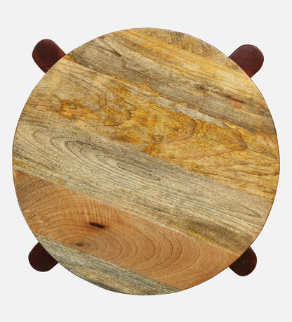 WOOD CURLS round solid wood end table with a natural grain finish viewed from directly above