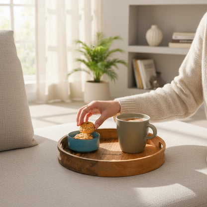 WOOD CURLS round wooden serving tray with handle holding a mug and bowl of cookies on a sofa in a bright living room