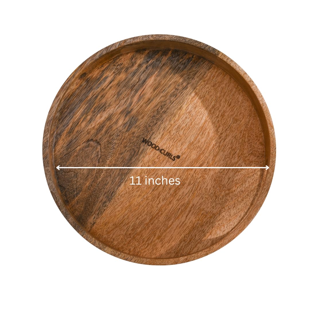 WOOD CURLS round wooden serving tray with natural brown finish and visible wood grain, 11-inch diameter top view.