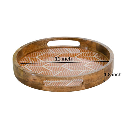 WOOD CURLS round wooden serving tray with a peach geometric herringbone enamel base and integrated handle cutouts