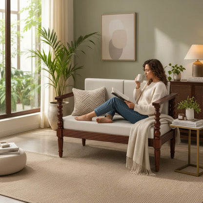 WOOD CURLS Rowan 2 seater sheesham wood sofa with beige cushions and walnut finish in a cozy living room setting