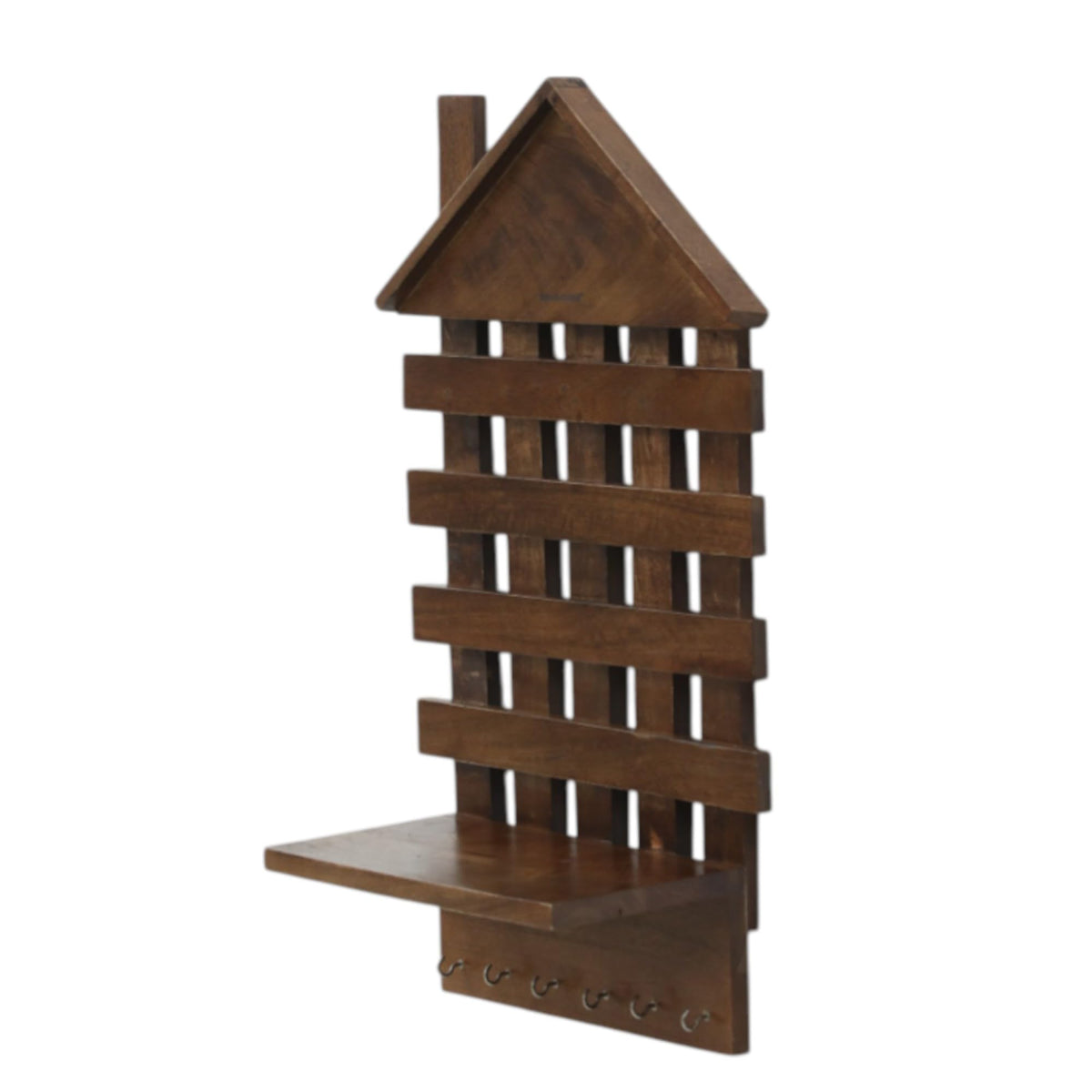 WOOD CURLS rustic brown mango wood wall-mounted key holder with a house-shaped top, lattice backing, and 6 hooks.