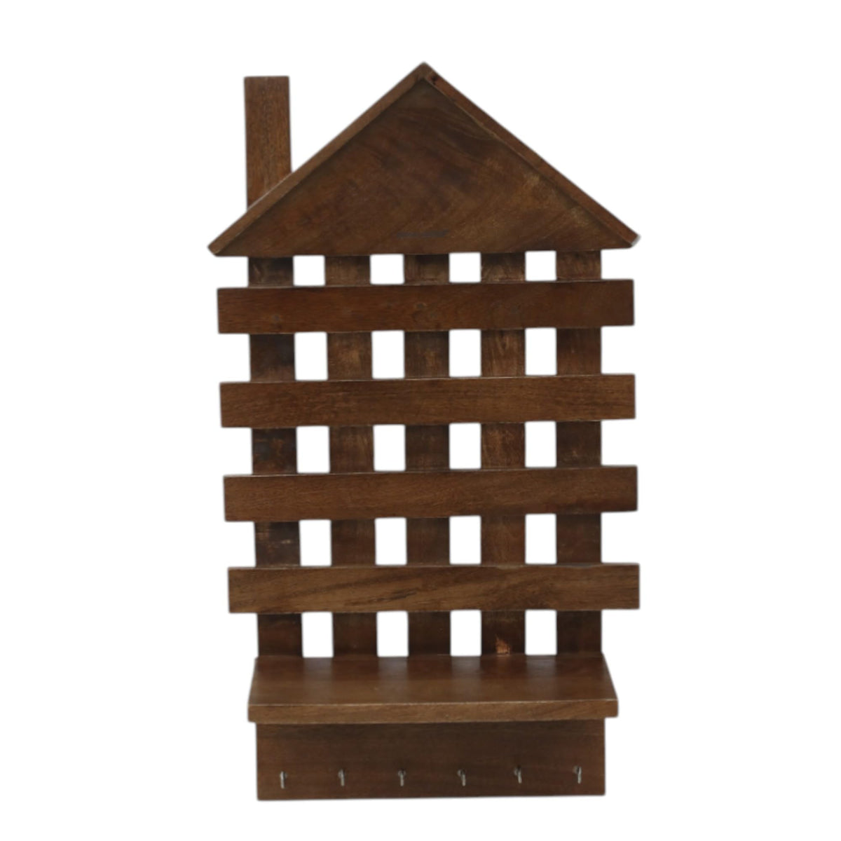 WOOD CURLS rustic brown mango wood wall-mounted key holder with a house-shaped design and six metal hooks.