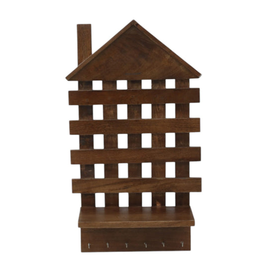 WOOD CURLS rustic brown mango wood wall-mounted key holder with a house-shaped design and six metal hooks.