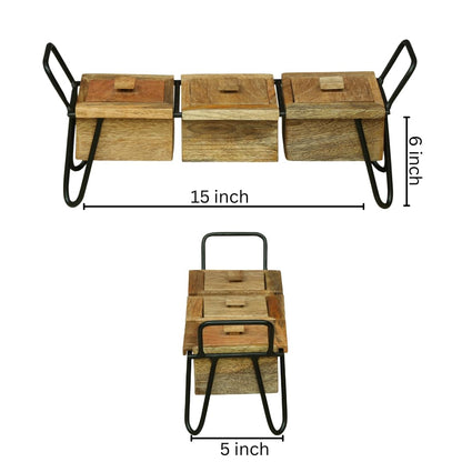 WOOD CURLS rustic mango wood serving tray with three lidded compartments, metal handles, and hairpin legs.