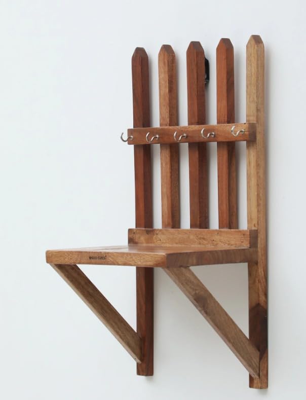 WOOD CURLS rustic Sheesham wood wall-mounted key holder with a fence design and five metal hooks for entryway storage.