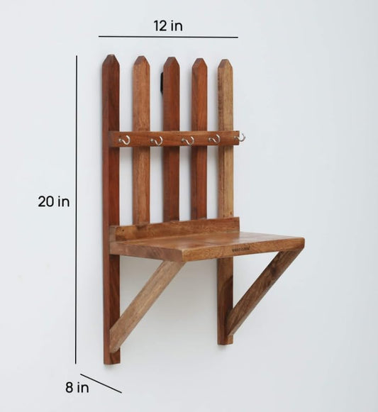 WOOD CURLS rustic Sheesham wood wall-mounted key holder with a fence design and 5 metal hooks for entryway storage.