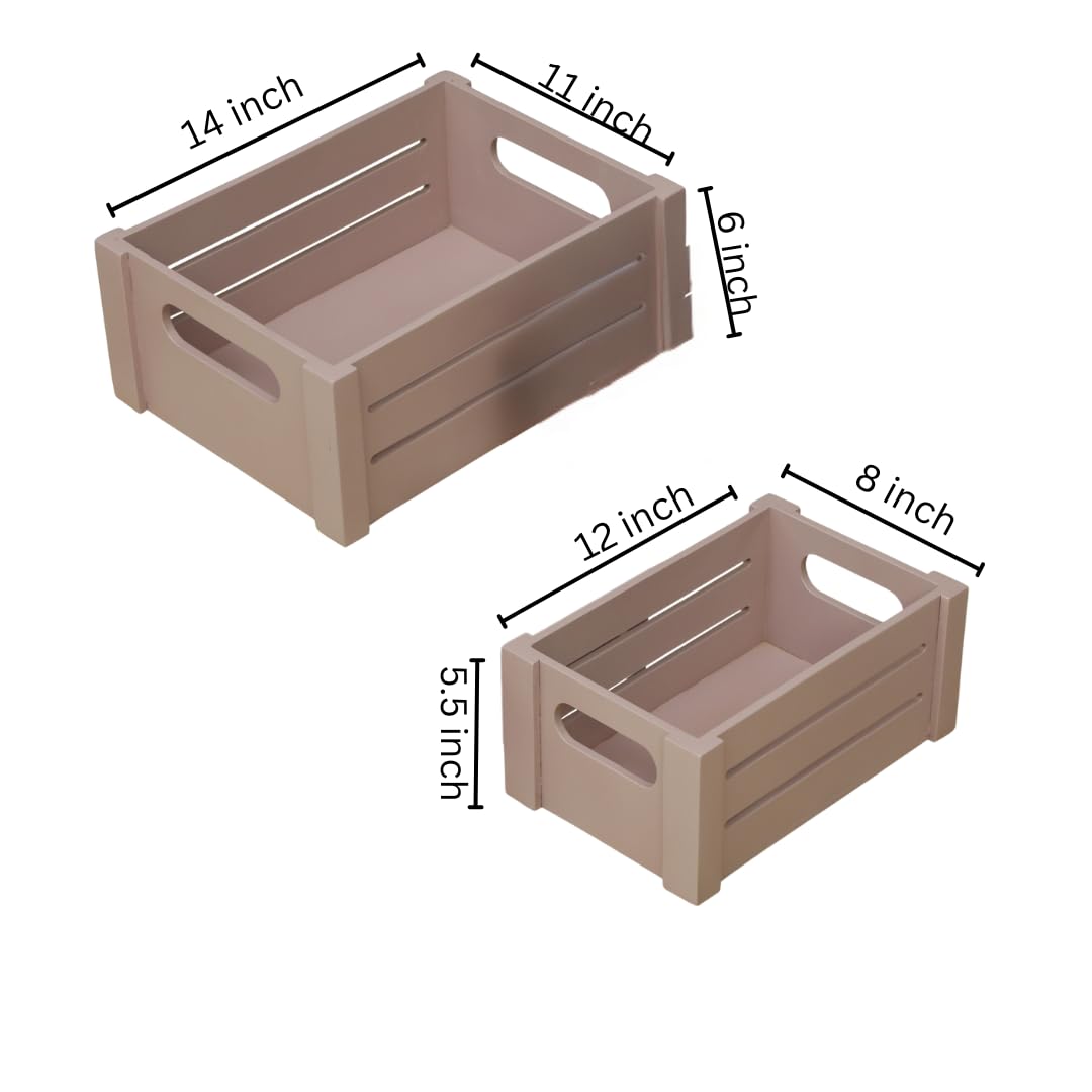 WOOD CURLS set of two rustic wooden storage crates with side handles and slatted design for home organization