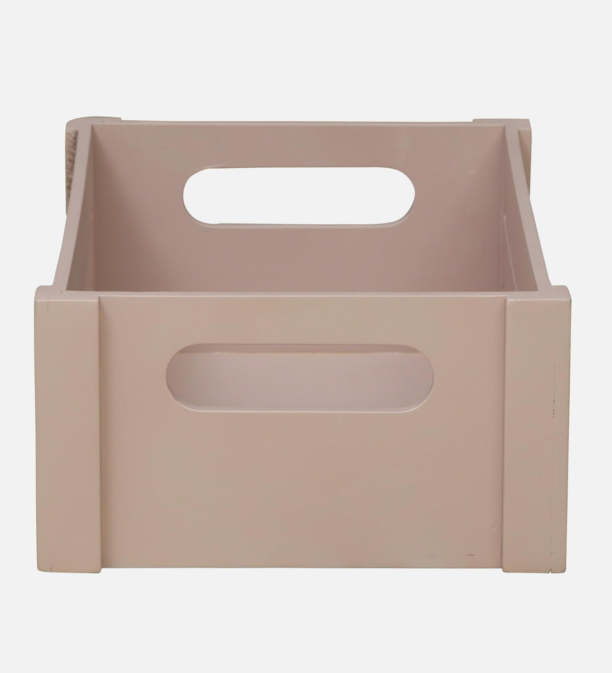 WOOD CURLS rustic wooden storage crate with cut-out handles in a neutral finish for home organization
