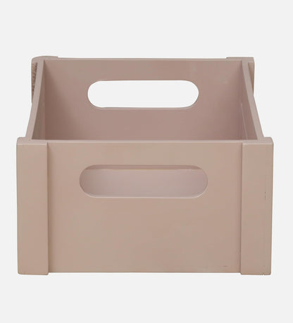 WOOD CURLS rustic wooden storage crate with cut-out handles in a neutral finish for home organization