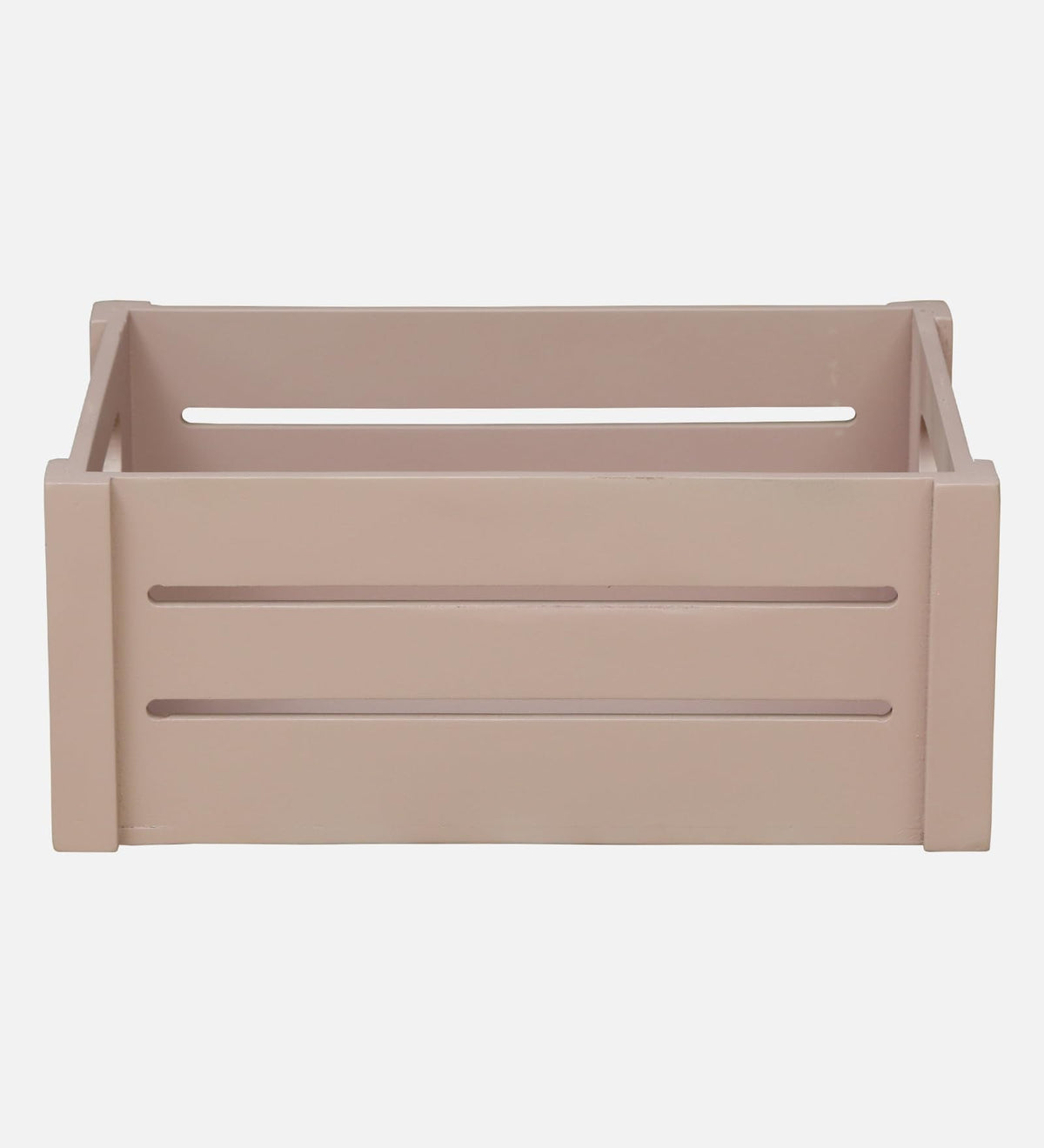 WOOD CURLS rustic wooden storage crate in a soft neutral tone with a slatted design and built-in side handles.