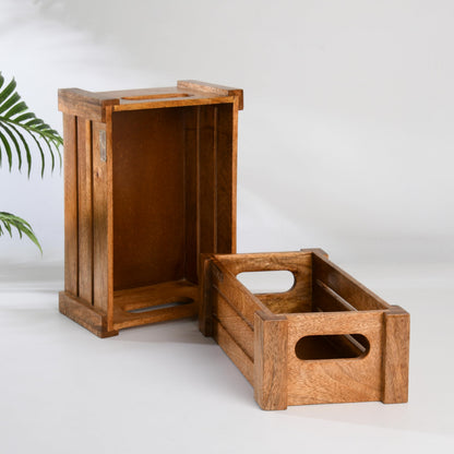 WOOD CURLS set of two rustic wooden storage crates with built-in handles for home organization and decor