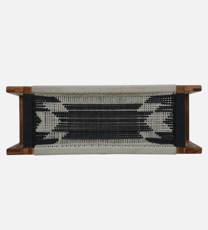 WOOD CURLS Eira 2 seater bench featuring a natural Sheesham wood frame and a hand-woven monochrome cotton rope seat.