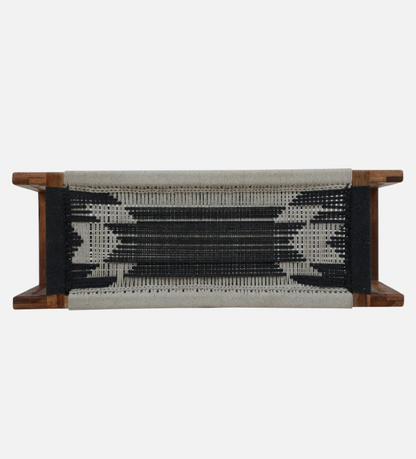 WOOD CURLS Eira 2 seater bench featuring a natural Sheesham wood frame and a hand-woven monochrome cotton rope seat.