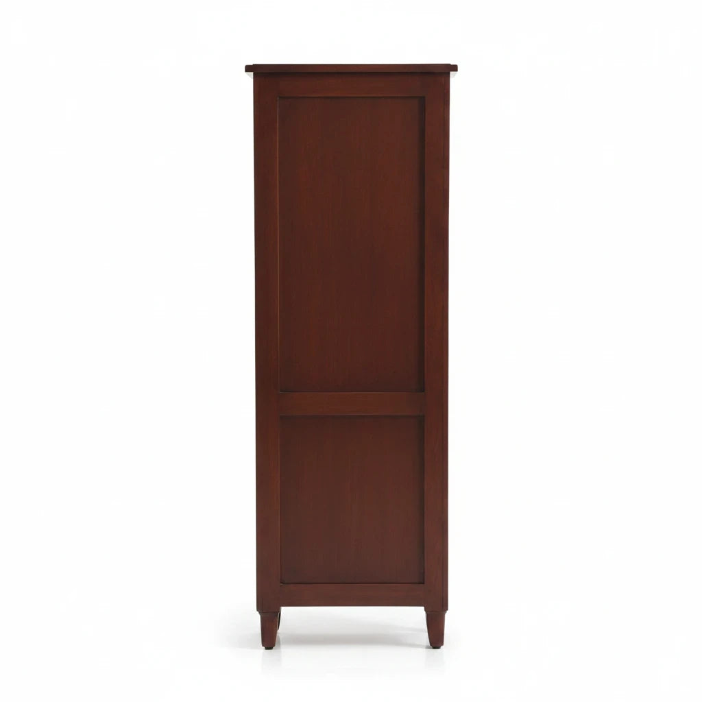 WOOD CURLS tall solid Sheesham wood bookcase in honey oak finish, viewed from the back against a white background.